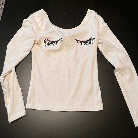 White Long Sleeve Scoop Neck Shirt with Eyelashes and Low Back, Size XS - Picture 2 of 4